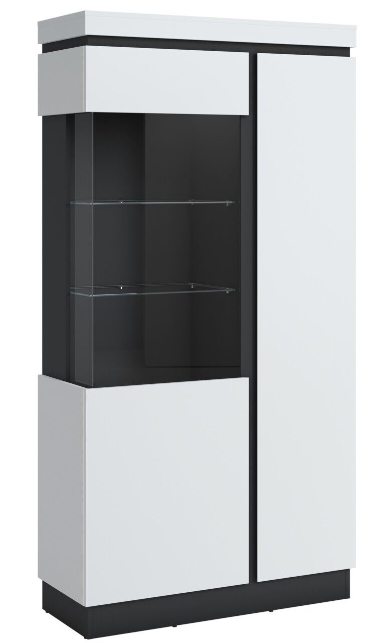 Z2 Vitrine breit CAMPANIA Moderne Vitrine in Weiß und Schwarz mit Glasregalen, seitliche Perspektive