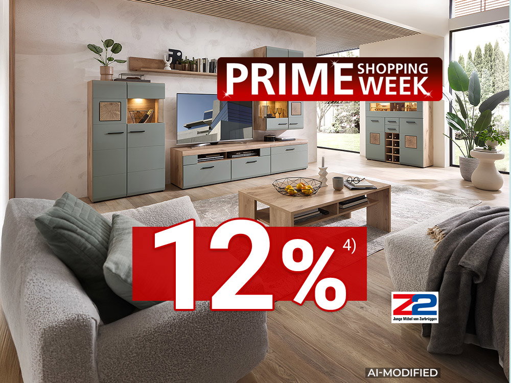 AI-modified: Modernes Wohnzimmer mit Wohnwand, Sofa und Couchtisch; Logos „Prime Shopping Week“ und Z2.