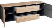 TV-Lowboard aus Holz mit zwei offenen Schubladen und einer geöffneten Tür, seitliche Perspektive