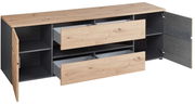 TV-Lowboard aus Holz mit zwei offenen Schubladen und einer geöffneten Tür, seitliche Perspektive