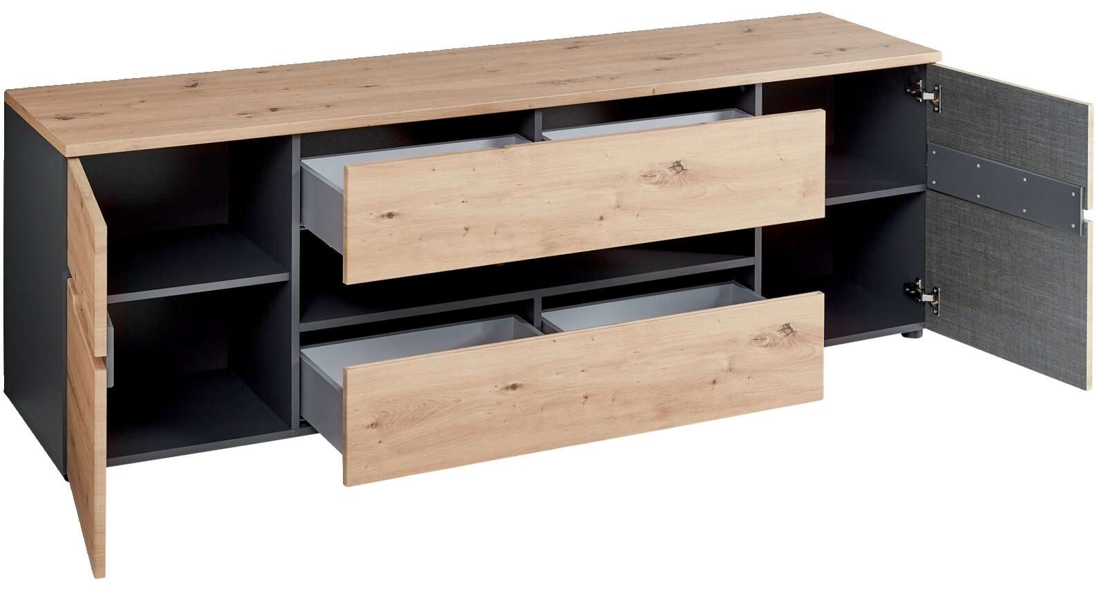 TV-Lowboard aus Holz mit zwei offenen Schubladen und einer geöffneten Tür, seitliche Perspektive