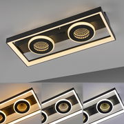 Moderne LED-Deckenleuchte mit rechteckigem Rahmen und zwei runden Leuchtmodulen, seitliche Perspektive