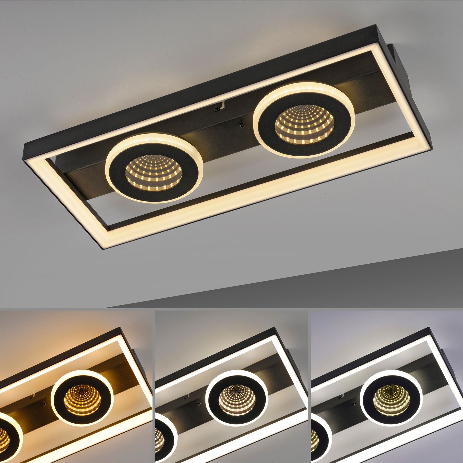 Moderne LED-Deckenleuchte mit rechteckigem Rahmen und zwei runden Leuchtmodulen, seitliche Perspektive