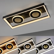 Moderne LED-Deckenleuchte mit rechteckigem Rahmen und zwei runden Leuchtmodulen, seitliche Perspektive
