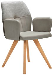 Moderner Armlehnstuhl mit grauem Polster und Holzbeinen, seitliche Perspektive