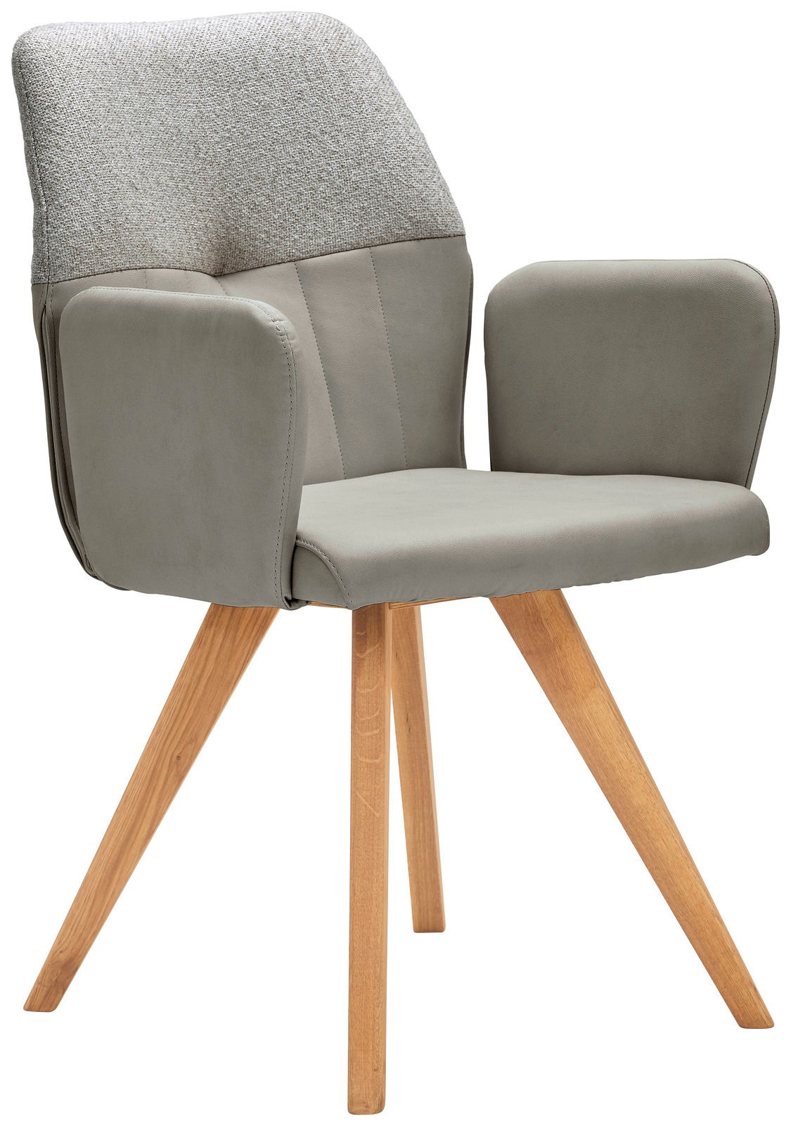 Moderner Armlehnstuhl mit grauem Polster und Holzbeinen, seitliche Perspektive