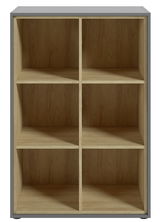 Frontale Ansicht eines Aktenregals mit sechs offenen Fächern, Holzoptik innen und grauem Rahmen.