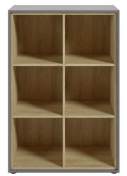 Frontale Ansicht eines Aktenregals mit sechs offenen Fächern, Holzoptik innen und grauem Rahmen.