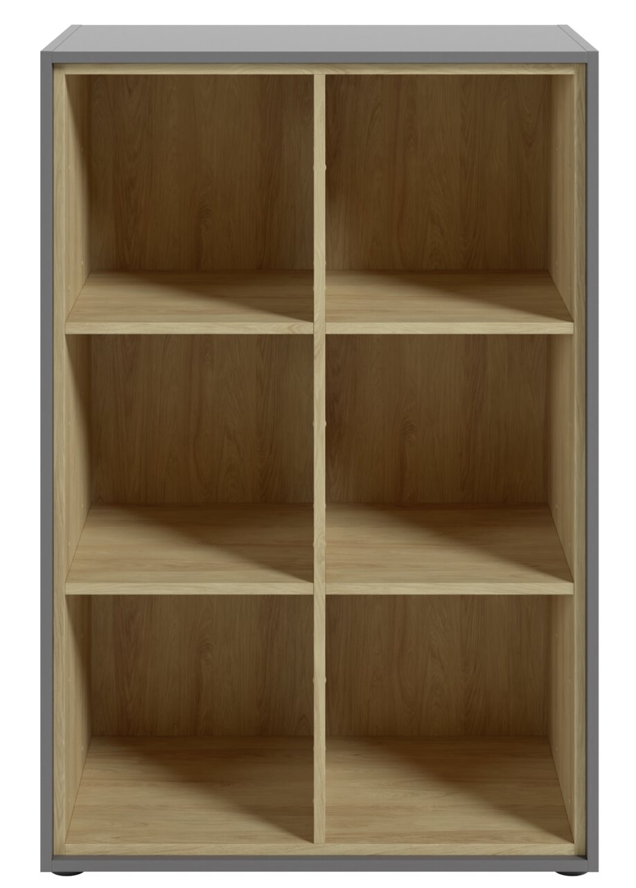 Frontale Ansicht eines Aktenregals mit sechs offenen Fächern, Holzoptik innen und grauem Rahmen.