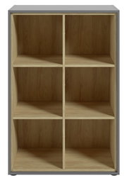 Frontale Ansicht eines Aktenregals mit sechs offenen Fächern, Holzoptik innen und grauem Rahmen.