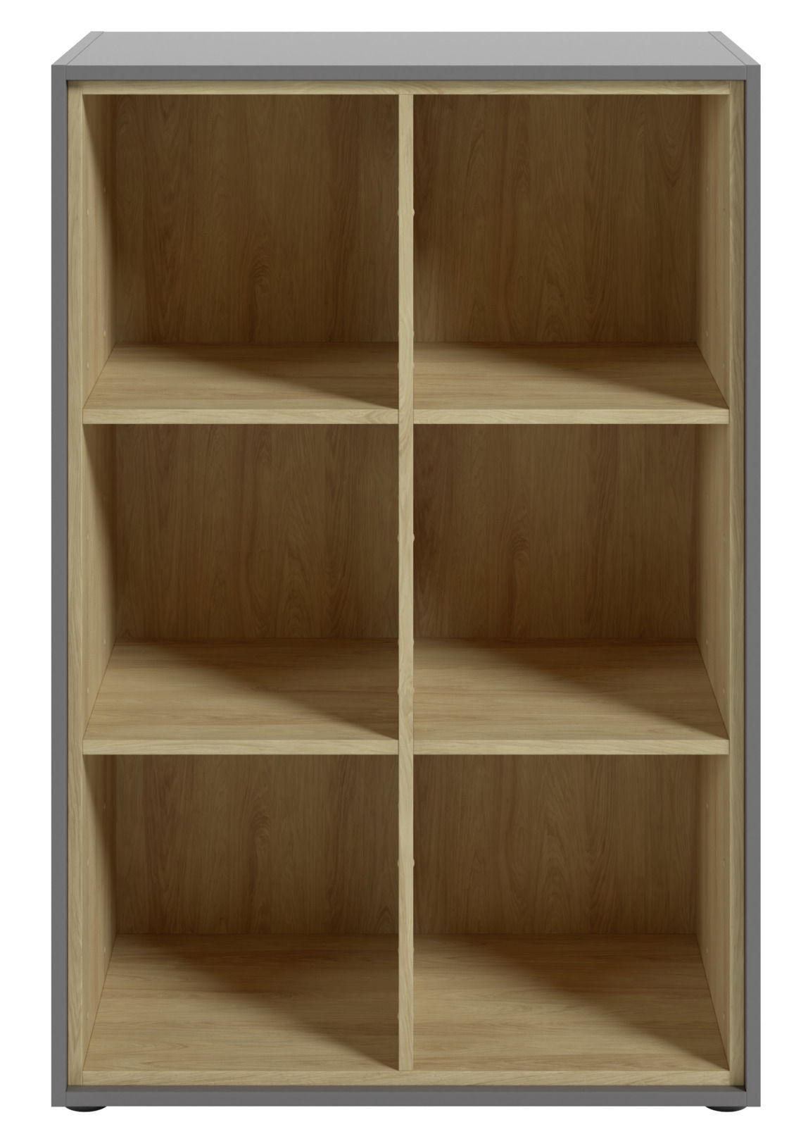 Frontale Ansicht eines Aktenregals mit sechs offenen Fächern, Holzoptik innen und grauem Rahmen.
