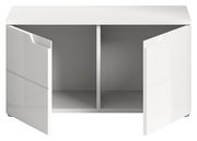 Weiße Sitzbank mit zwei offenen Türen, Frontansicht