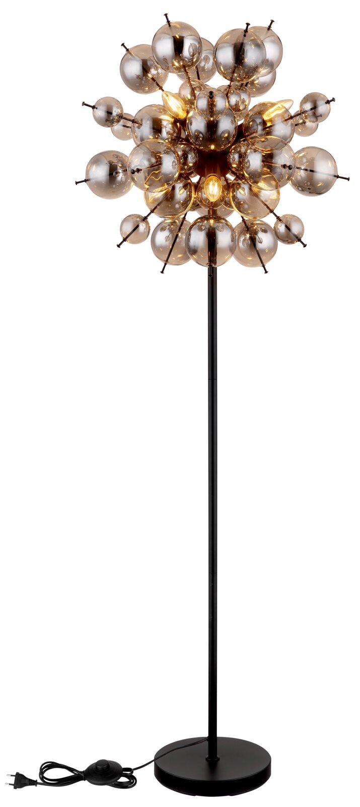 Moderne Stehleuchte mit kugelförmigem Design und schwarzem Ständer, seitliche Perspektive