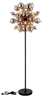 Moderne Stehleuchte mit kugelförmigem Design und schwarzem Ständer, seitliche Perspektive