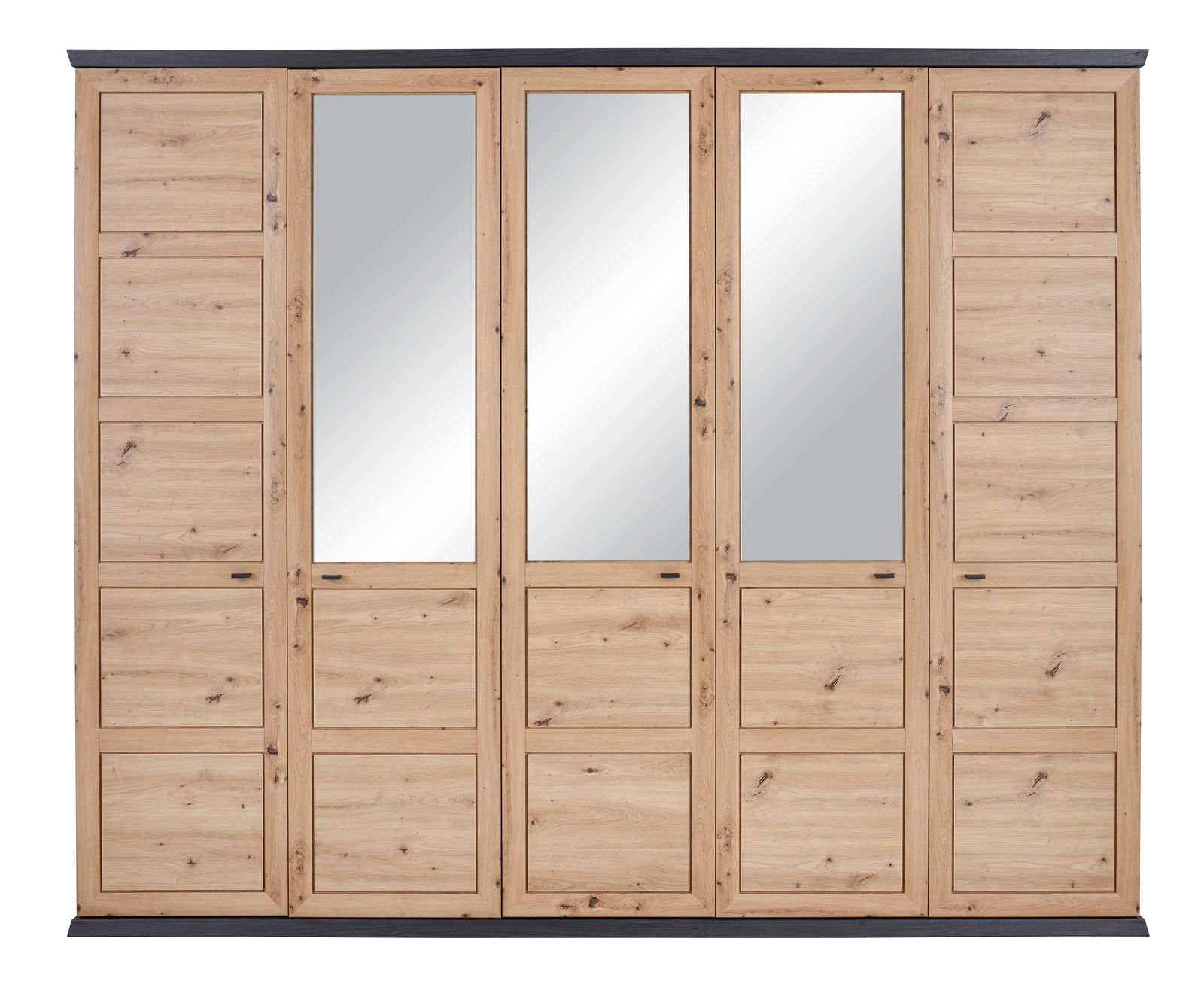 5-türiger Drehtürenschrank aus Holz mit zwei Spiegeltüren, frontale Ansicht