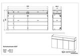 Technische Zeichnung eines Schuhschranks mit den Maßen Breite: 180 cm, Höhe: 90/92 cm, Tiefe: 40 cm. Front- und Seitenansicht des Schranks mit mehreren Fächern. Perspektive: Frontal- und Seitenansicht.