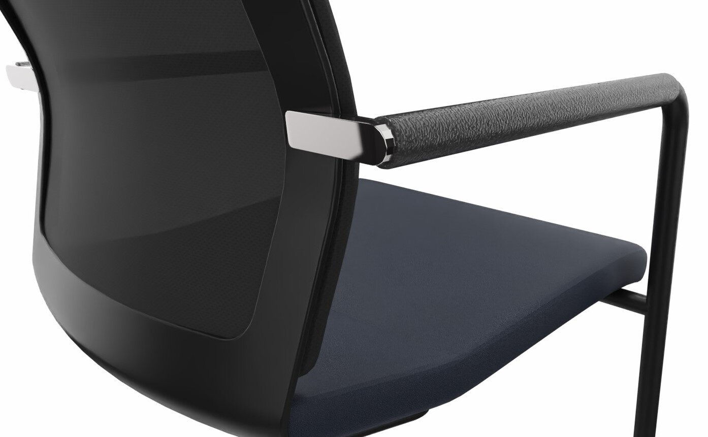 Dauphin Freischwinger STILO Detailansicht eines Freischwingers mit schwarzer Netzrückenlehne und gepolstertem Sitz, seitliche Perspektive