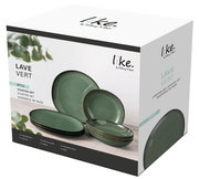 Starter-Set 8-teilig in grüner Keramikoptik, bestehend aus 4 Speisetellern und 4 Schalen, seitliche Perspektive auf die Verpackung.