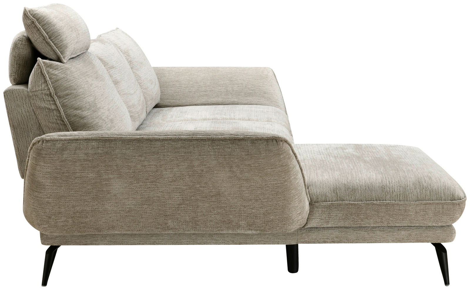 Seitenansicht eines modernen, beigen Longchair-Sofas mit verstellbaren Kopfstützen und schwarzen Beinen.