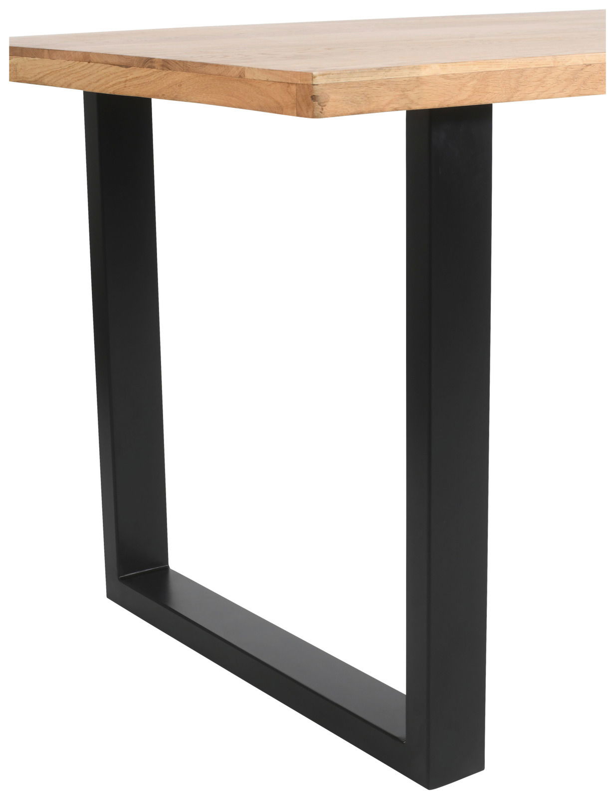 Moderner Esstisch mit Holzplatte und schwarzem Metallgestell, seitliche Perspektive