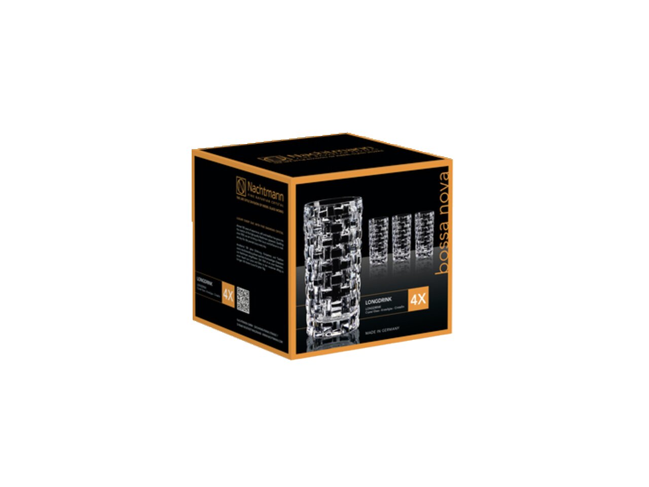 Verpackung des Longdrinkglas-Sets Bossa Nova mit vier Gläsern, perspektivisch von vorne rechts fotografiert.