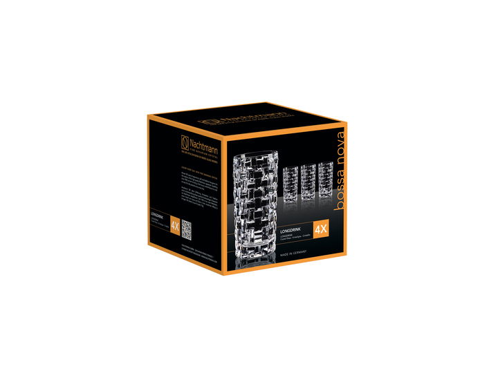 Verpackung des Longdrinkglas-Sets Bossa Nova mit vier Gläsern, perspektivisch von vorne rechts fotografiert.