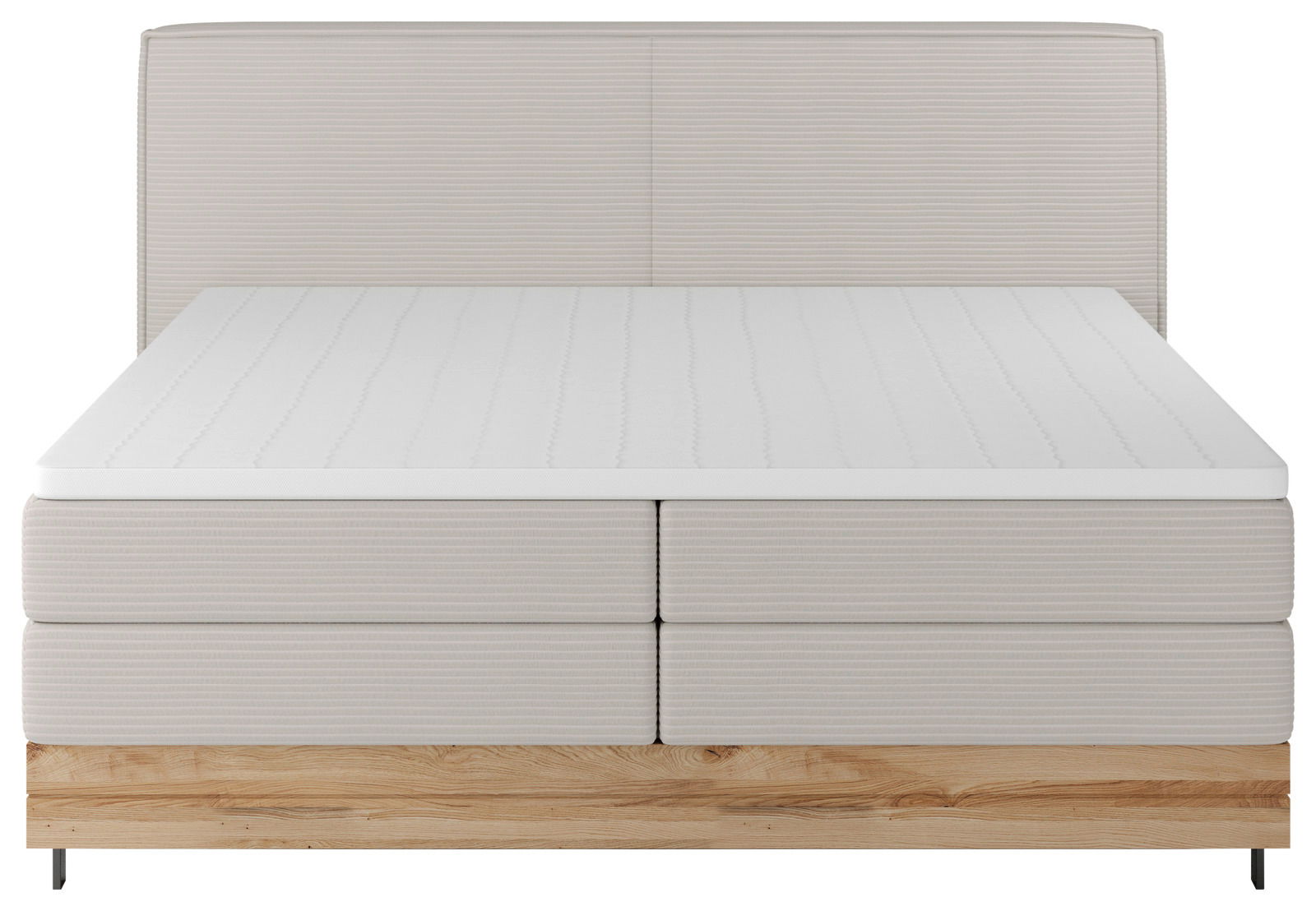 Boxspringbett in Frontalansicht mit hellgrauem Stoffbezug und Holzfußteil