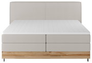 Boxspringbett in Frontalansicht mit hellgrauem Stoffbezug und Holzfußteil