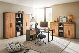 Moderner Aktenschrank in Holzoptik mit schwarzen Akzenten, Teil eines stilvollen Büros mit Schreibtisch und Stuhl, seitliche Perspektive.
