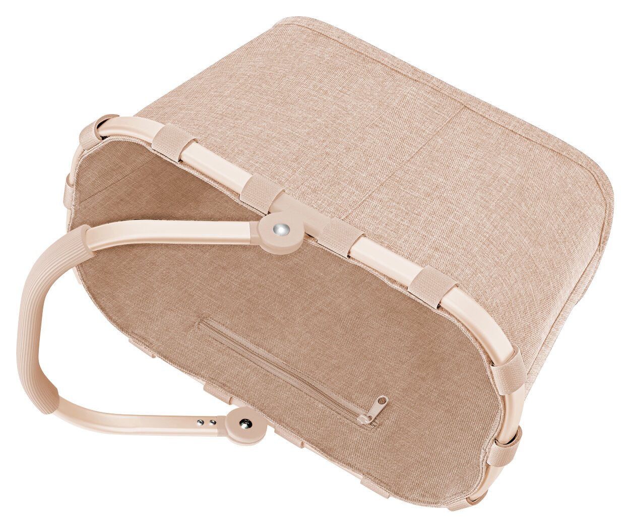 Beige stoffen boodschappenmand met stevige handvatten, gezien van onderaf.