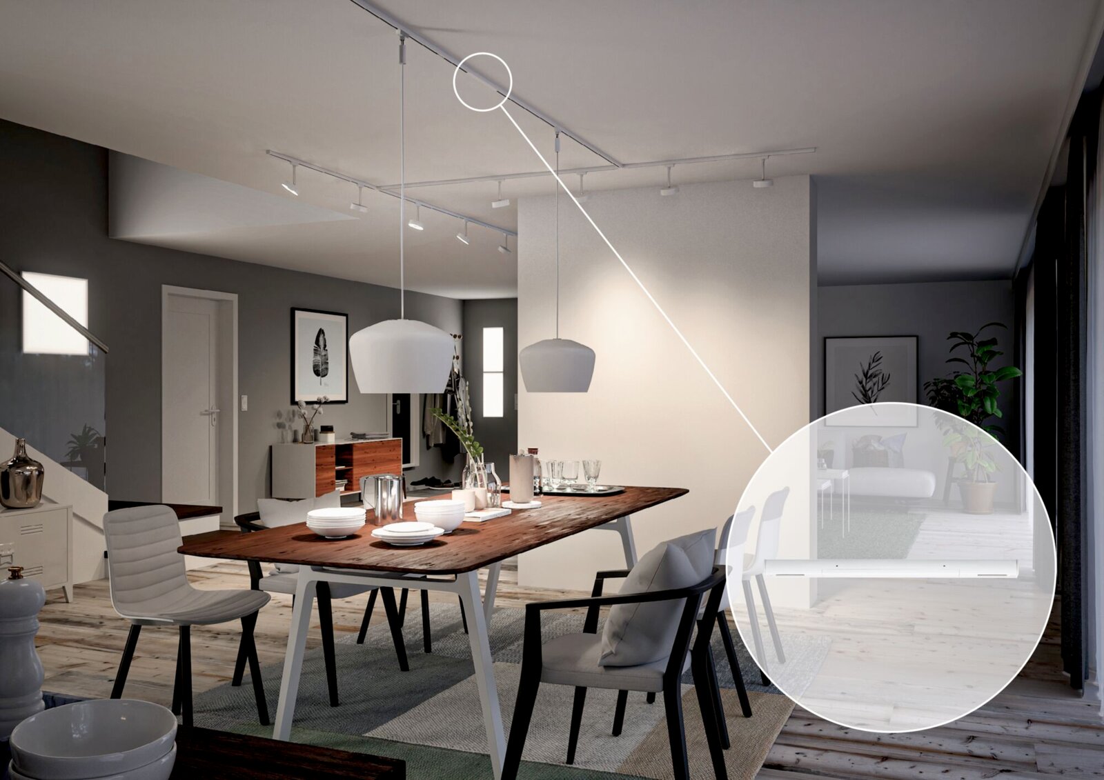Moderne Wohnzimmerszene mit Deckenbeleuchtungssystem, das eine Stromeinspeisung mit Zigbee-Technologie zeigt, Perspektive von unten.