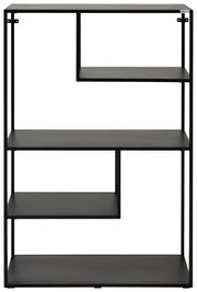 Schwarzes, halbhohes Regal mit asymmetrischen Regalböden, frontal betrachtet.