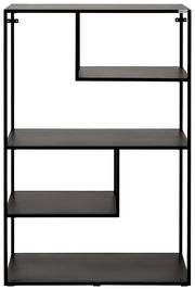 Schwarzes, halbhohes Regal mit asymmetrischen Regalböden, frontal betrachtet.