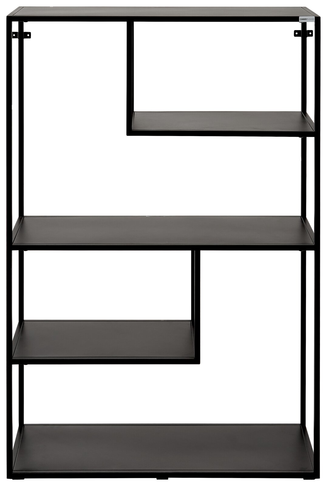 Schwarzes, halbhohes Regal mit asymmetrischen Regalböden, frontal betrachtet.