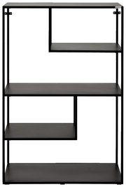 Schwarzes, halbhohes Regal mit asymmetrischen Regalböden, frontal betrachtet.