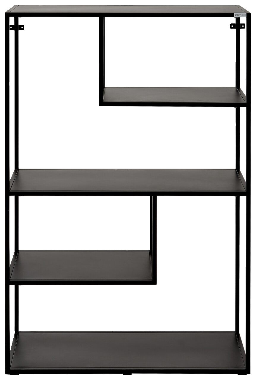 Schwarzes, halbhohes Regal mit asymmetrischen Regalböden, frontal betrachtet.