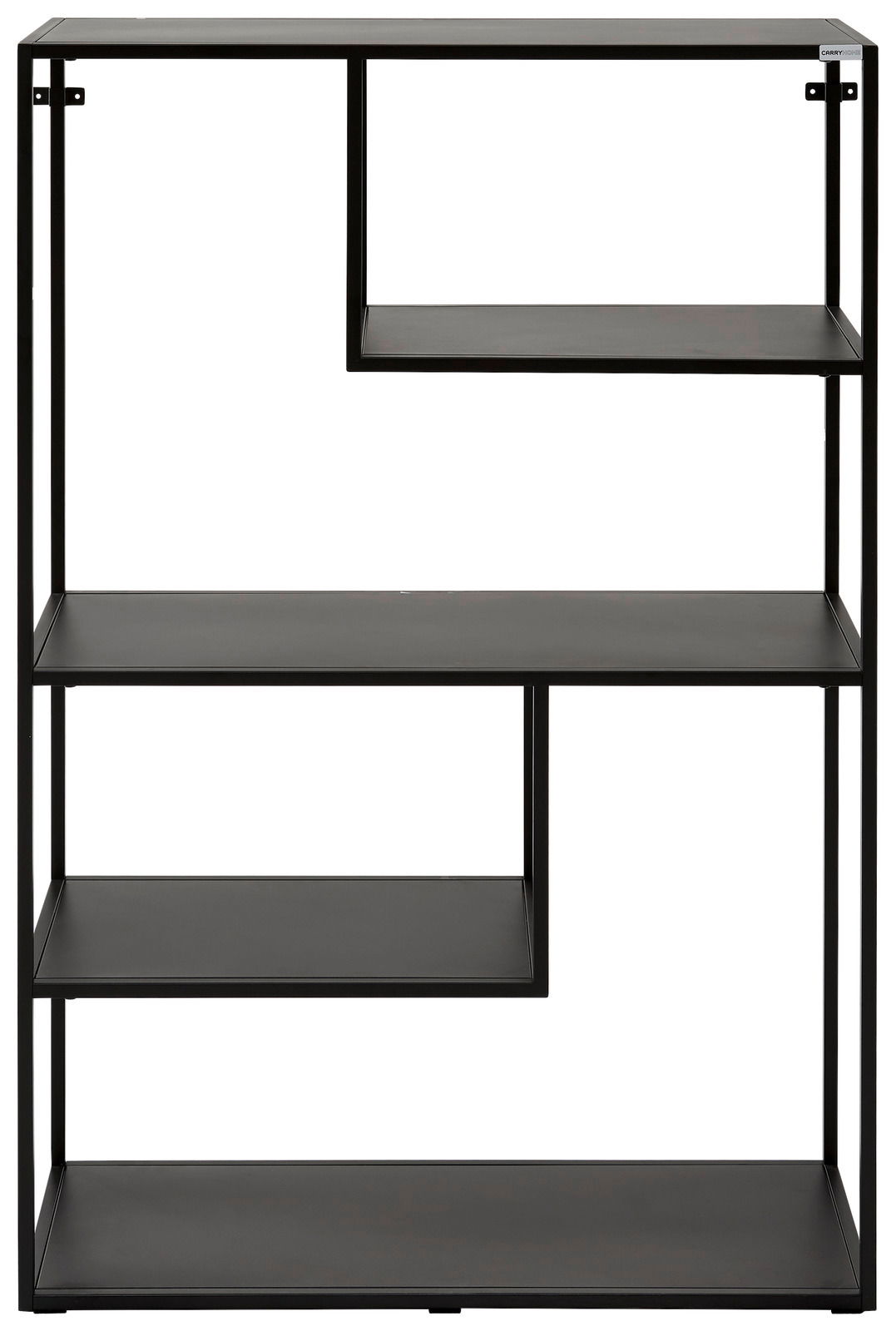 Schwarzes, halbhohes Regal mit asymmetrischen Regalböden, frontal betrachtet.