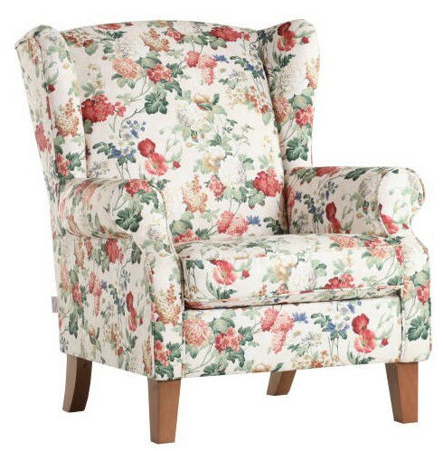 Blumiger Sessel mit hoher Rückenlehne und Holzbeinen, seitliche Perspektive