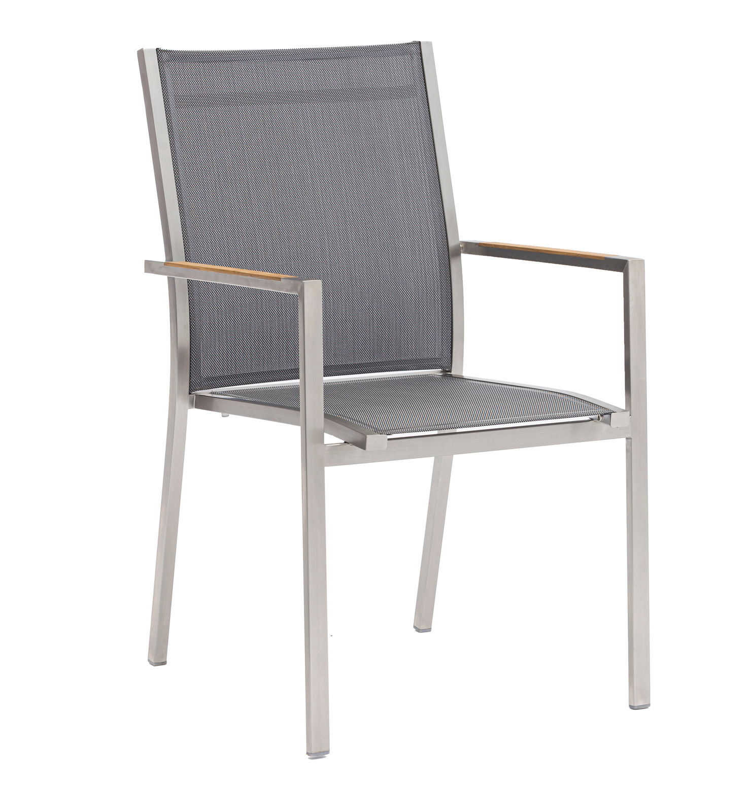 Moderner Stapelsessel aus Metall mit Netzbespannung, seitliche Perspektive