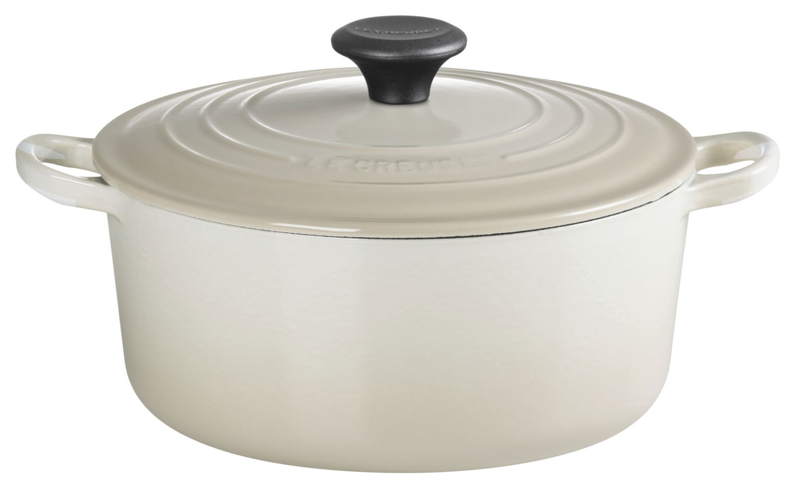 LE CREUSET Bräter 24cm rund DUNE Runder Bräter 24cm in Cremefarbe mit Deckel und zwei Griffen, seitliche Perspektive