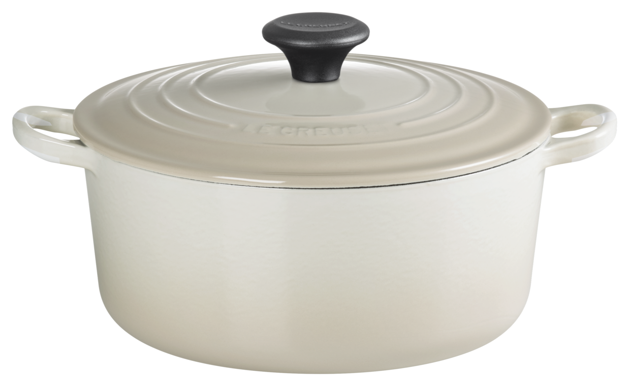 Runder Bräter 24cm in Cremefarbe mit Deckel und zwei Griffen, seitliche Perspektive