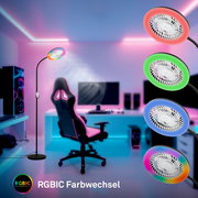 RGBIC Stehlampe mit integriertem Ventilator und Farbwechsel, im Gaming-Zimmer neben Schreibtisch und Gaming-Stuhl, frontale Perspektive mit Detailansichten der farbigen Lüfterringe