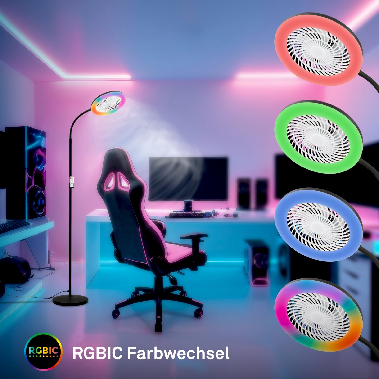 RGBIC Stehlampe mit integriertem Ventilator und Farbwechsel, im Gaming-Zimmer neben Schreibtisch und Gaming-Stuhl, frontale Perspektive mit Detailansichten der farbigen Lüfterringe