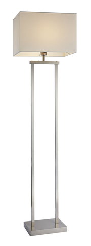 Moderne Stehleuchte mit rechteckigem Lampenschirm und schlankem, metallischem Gestell, frontal abgebildet.