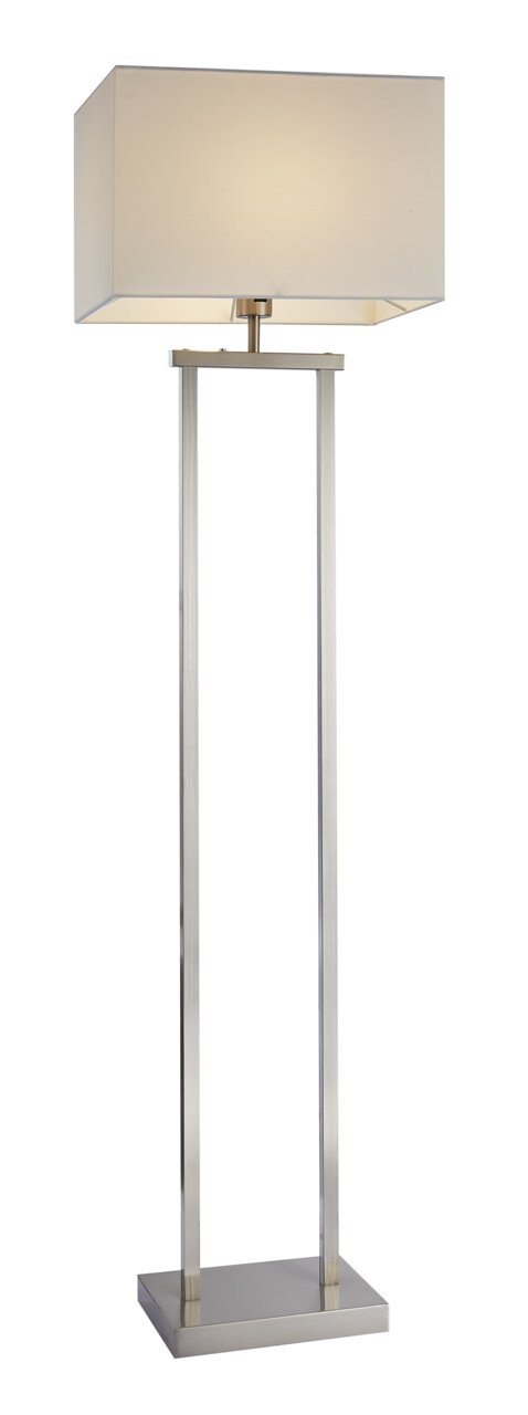 Moderne Stehleuchte mit rechteckigem Lampenschirm und schlankem, metallischem Gestell, frontal abgebildet.