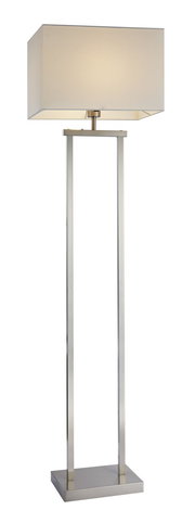 Moderne Stehleuchte mit rechteckigem Lampenschirm und schlankem, metallischem Gestell, frontal abgebildet.