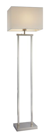 Moderne Stehleuchte mit rechteckigem Lampenschirm und schlankem, metallischem Gestell, frontal abgebildet.
