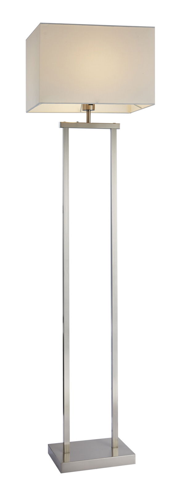 Moderne Stehleuchte mit rechteckigem Lampenschirm und schlankem, metallischem Gestell, frontal abgebildet.