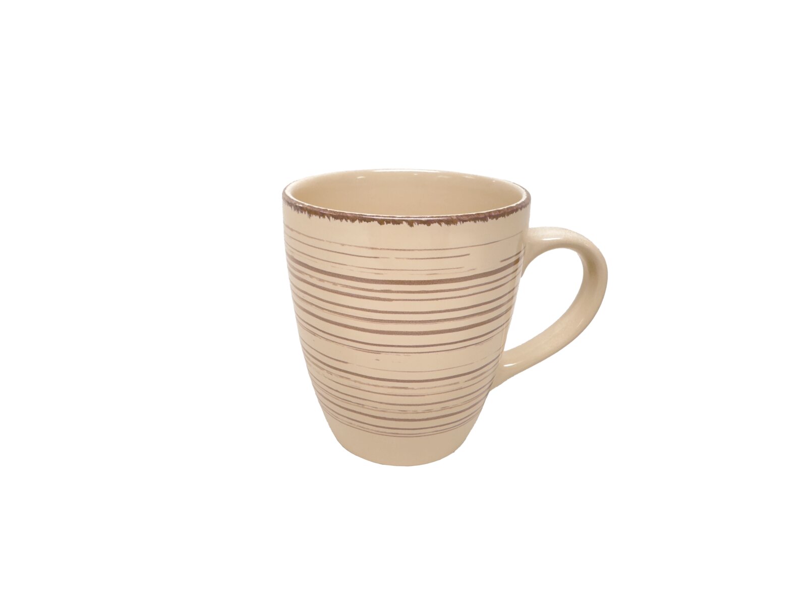 Beige Tasse mit braunen Streifen, seitliche Perspektive