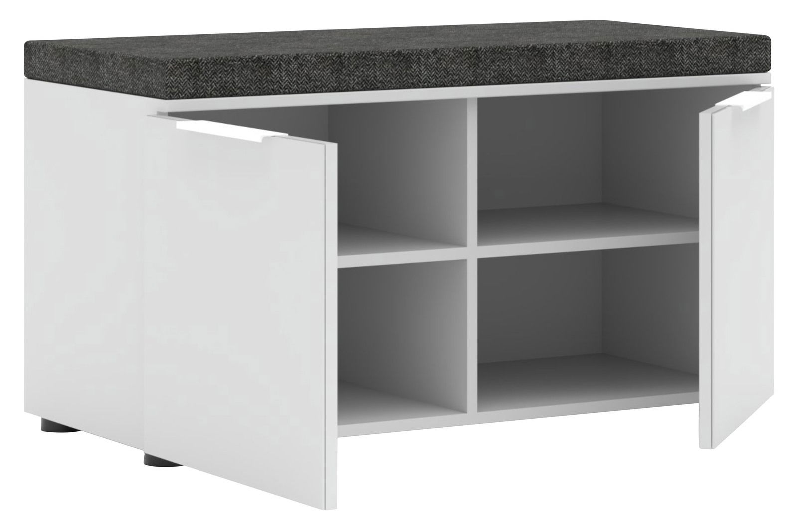 Weiße Bank mit Stauraum, zwei offenen Türen und gepolstertem Sitzkissen, seitliche Perspektive